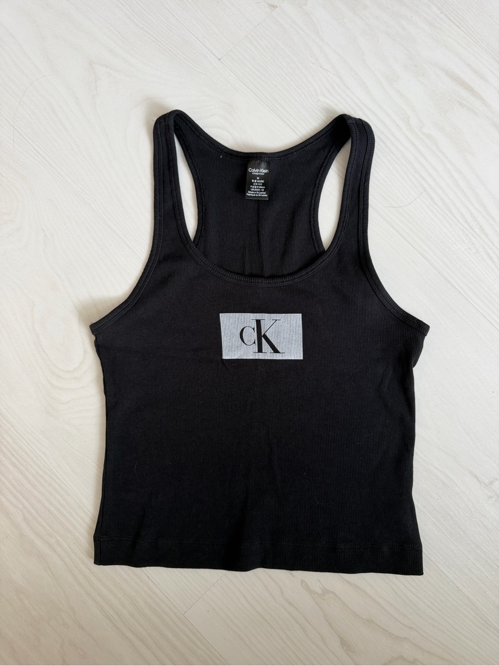 Calvin Klein Black Ribbed Racerback Tank with Silver cK Logo